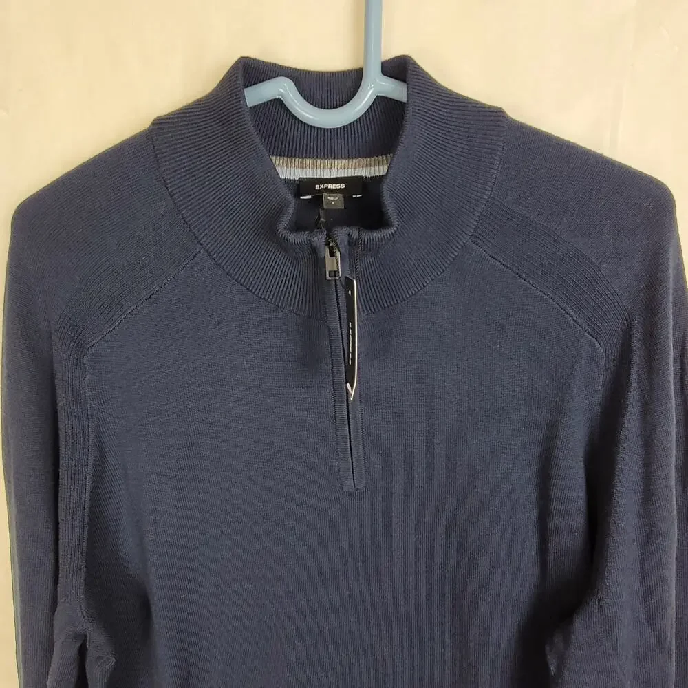 New Express navy blue merino wool quarter zip pullover sweater Size Large Preppy